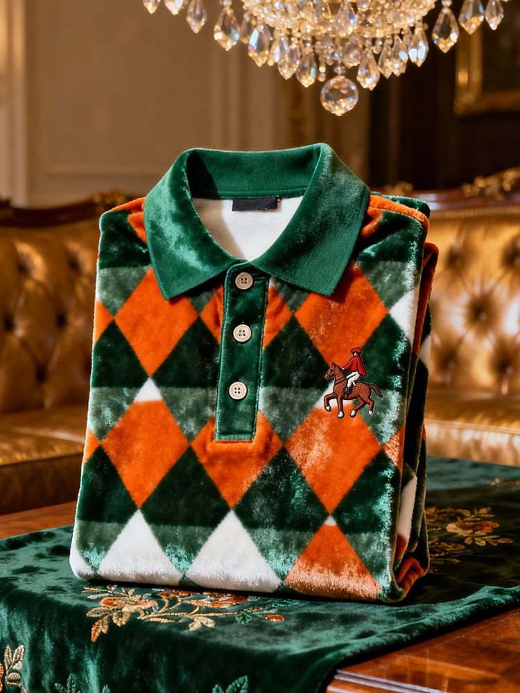 Men's Velvet Business Logo Print Long Sleeve Polo Shirt