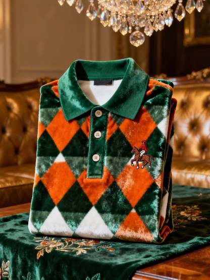 Men's Velvet Business Logo Print Long Sleeve Polo Shirt