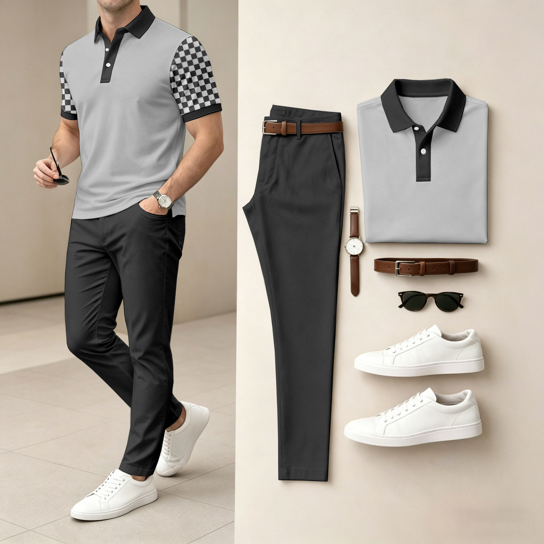 Men's Casual Grey Printed Polo Shirt And Pants Two-Piece Set