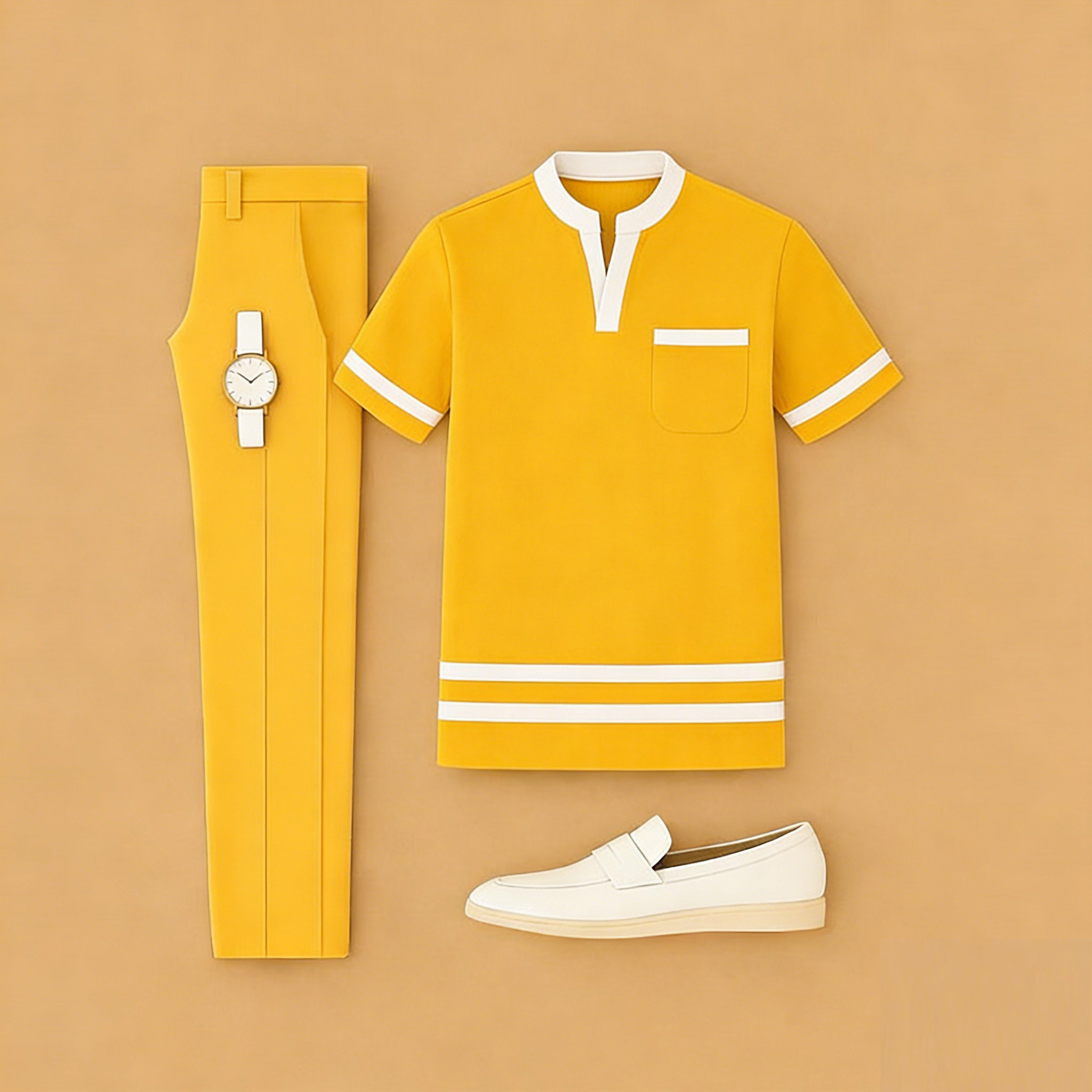 Men's Casual Yellow Color Matching Printed Short Sleeved Henry Collar T-Shirt & Trousers Two-Piece Set