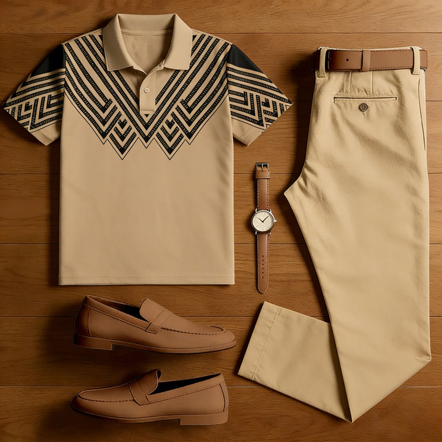 Men's Casual Brown Printed Polo Shirt And Pants Two-Piece Set