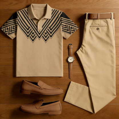 Men's Casual Brown Printed Polo Shirt And Pants Two-Piece Set