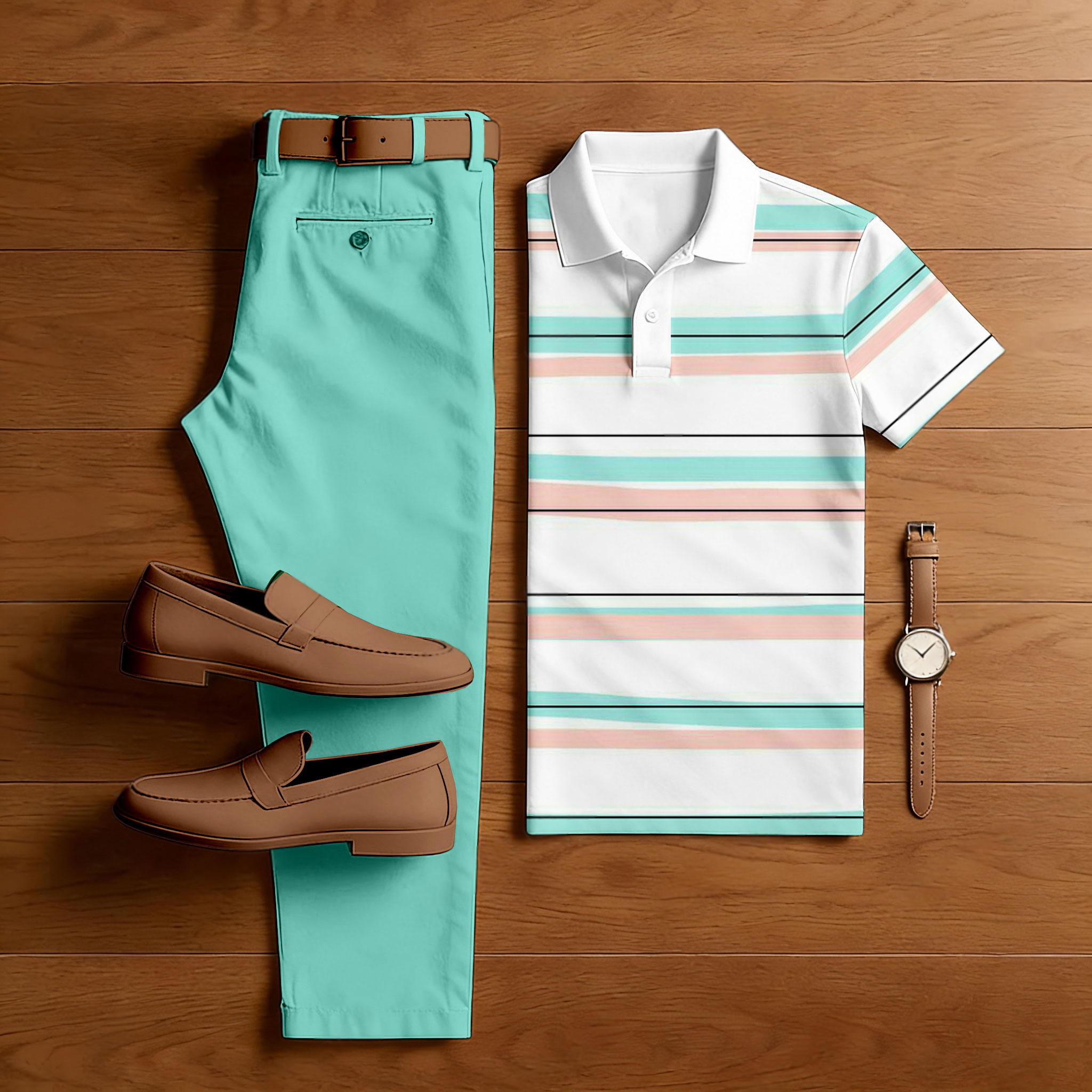 Men's Casual Lake Green & White Color Matching Striped Printed Short Sleeved Polo Shirt & Trousers Two-Piece Set