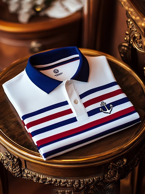 Men's Business Stripe Logo Button-Down Short Sleeve Polo Shirt