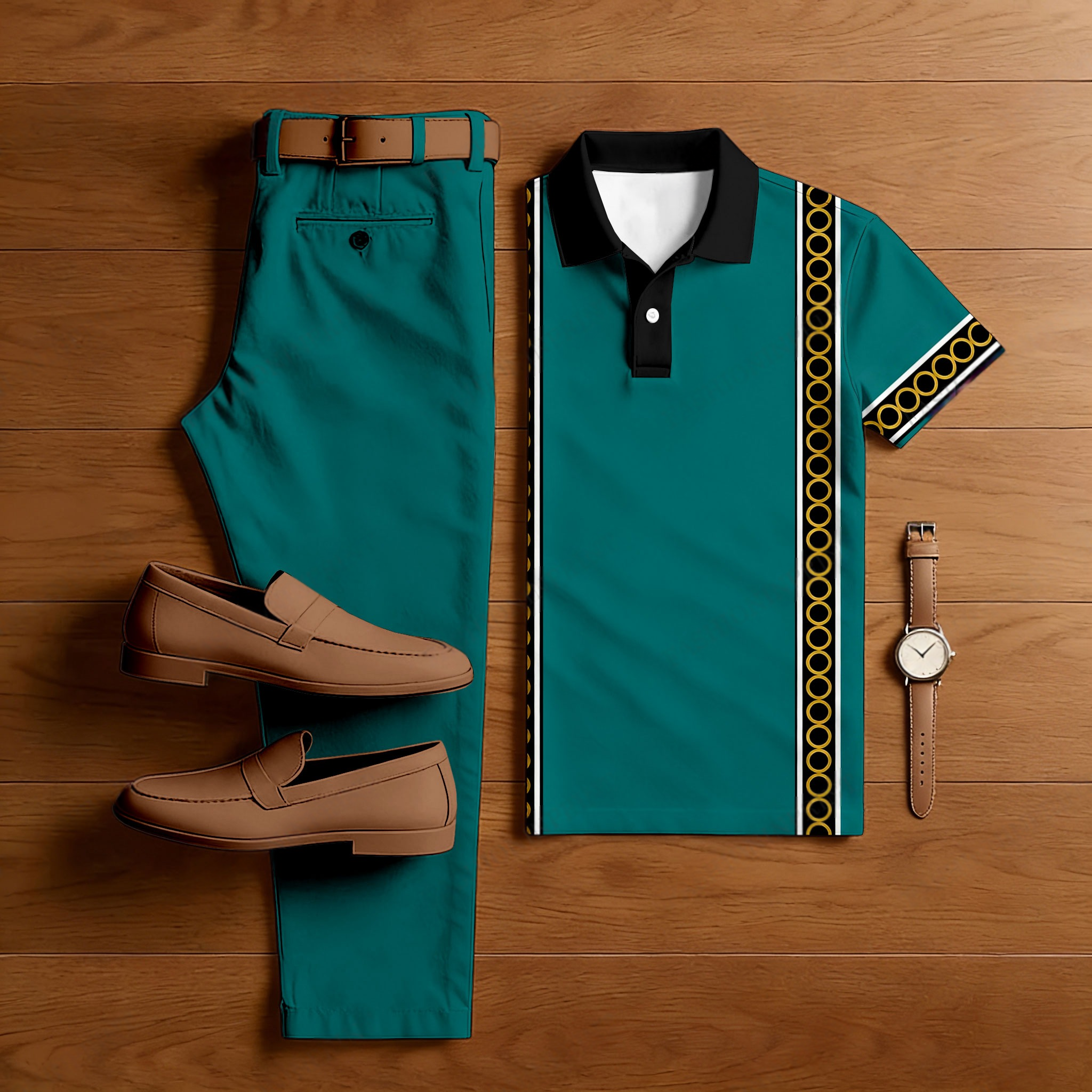 Men's Casual Green & Black Color Matching Retro Style Printed Short Sleeved Polo Shirt & Trousers Two-Piece Set