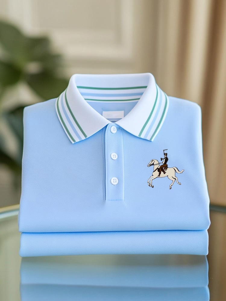Men's Classic Business Check Logo Button Short Sleeve Polo Shirt