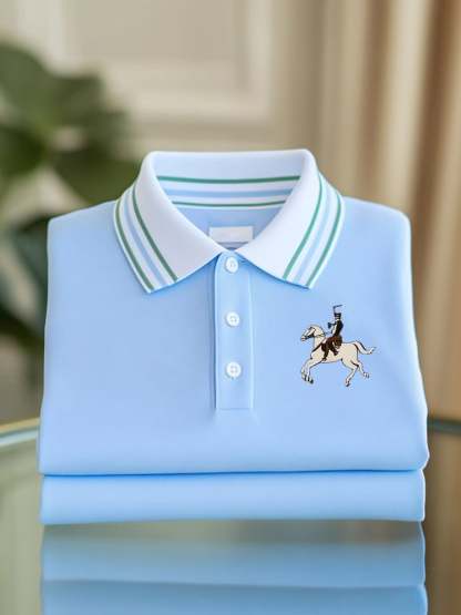 Men's Classic Business Check Logo Button Short Sleeve Polo Shirt