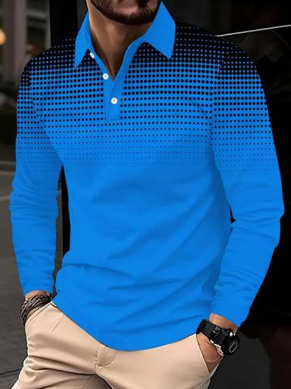 Men's Retro Business Print Long Sleeve Polo Shirt
