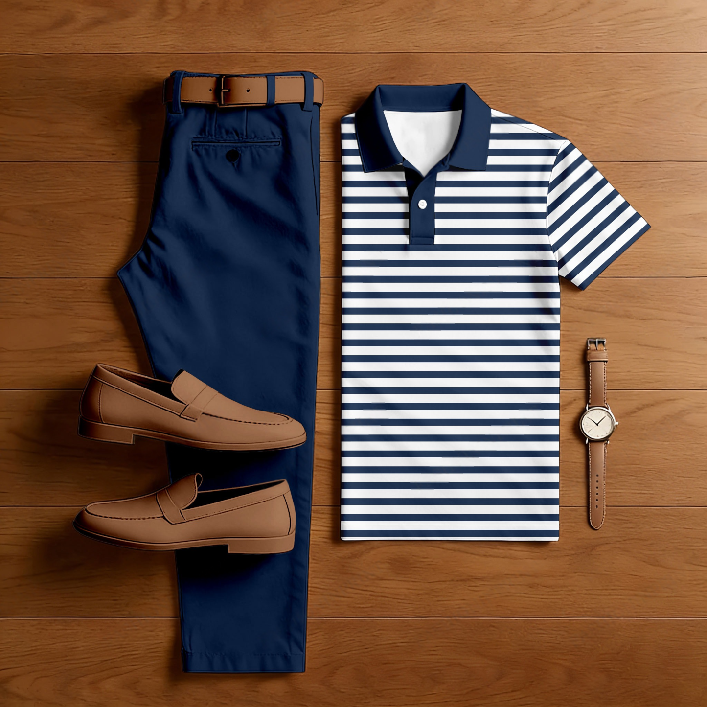 Men's Casual Dark Blue Color Matching Short Sleeved Polo Shirt & Trousers Two-Piece Set