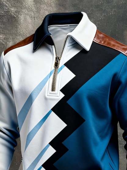Men's Retro Color Block Print Color-Blocked Zip-Up Sweatshirt