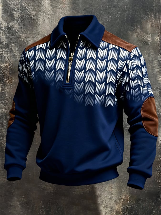 Men's Retro Color Block Print Color-Blocked Zip-Up Sweatshirt