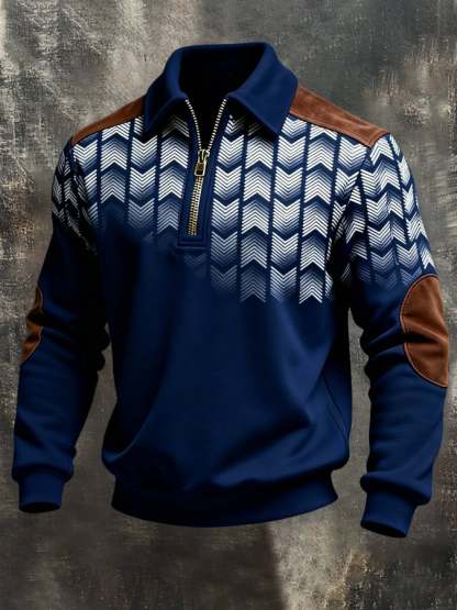 Men's Retro Color Block Print Color-Blocked Zip-Up Sweatshirt