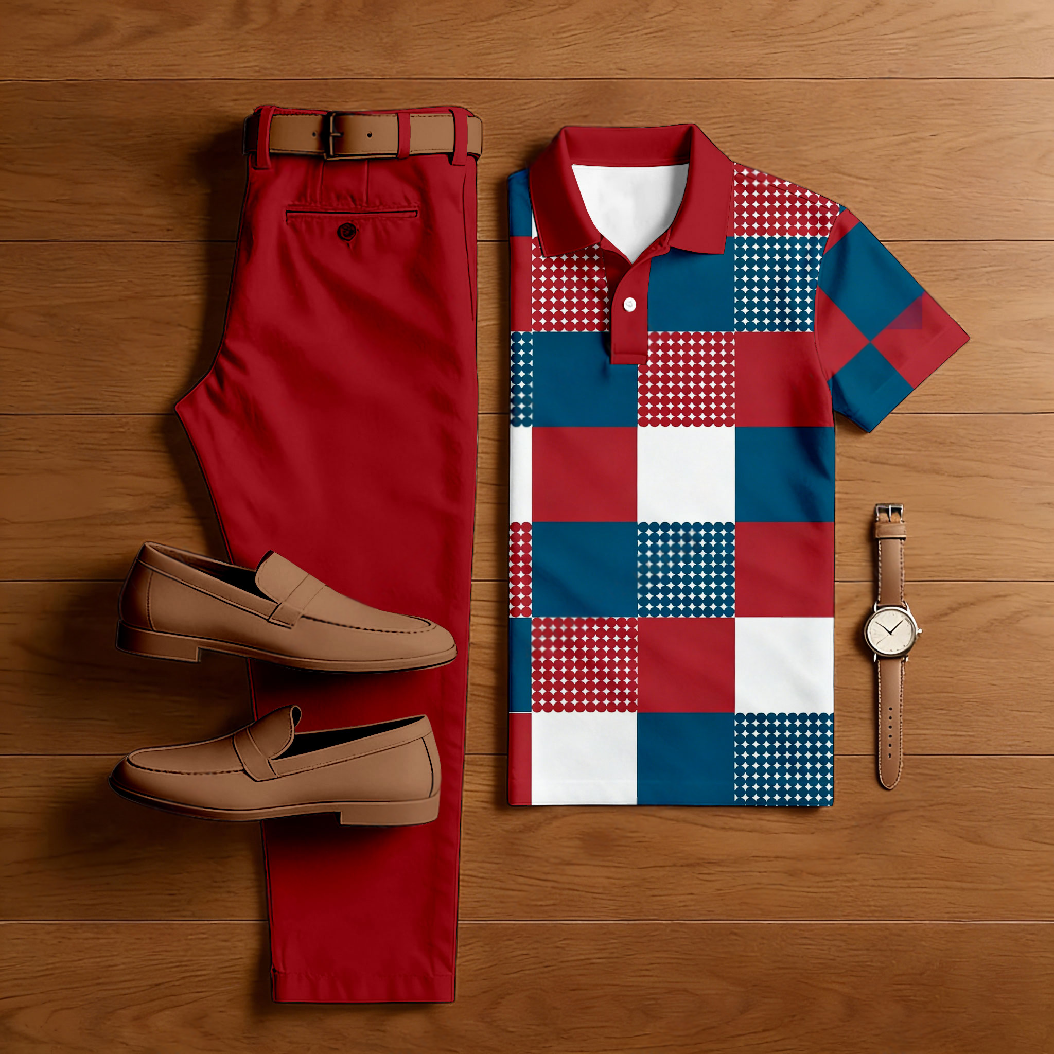 Men's Casual Red & Navy & White Color Matching Checkered Printed Short Sleeved Polo Shirt & Trousers Two-Piece Set