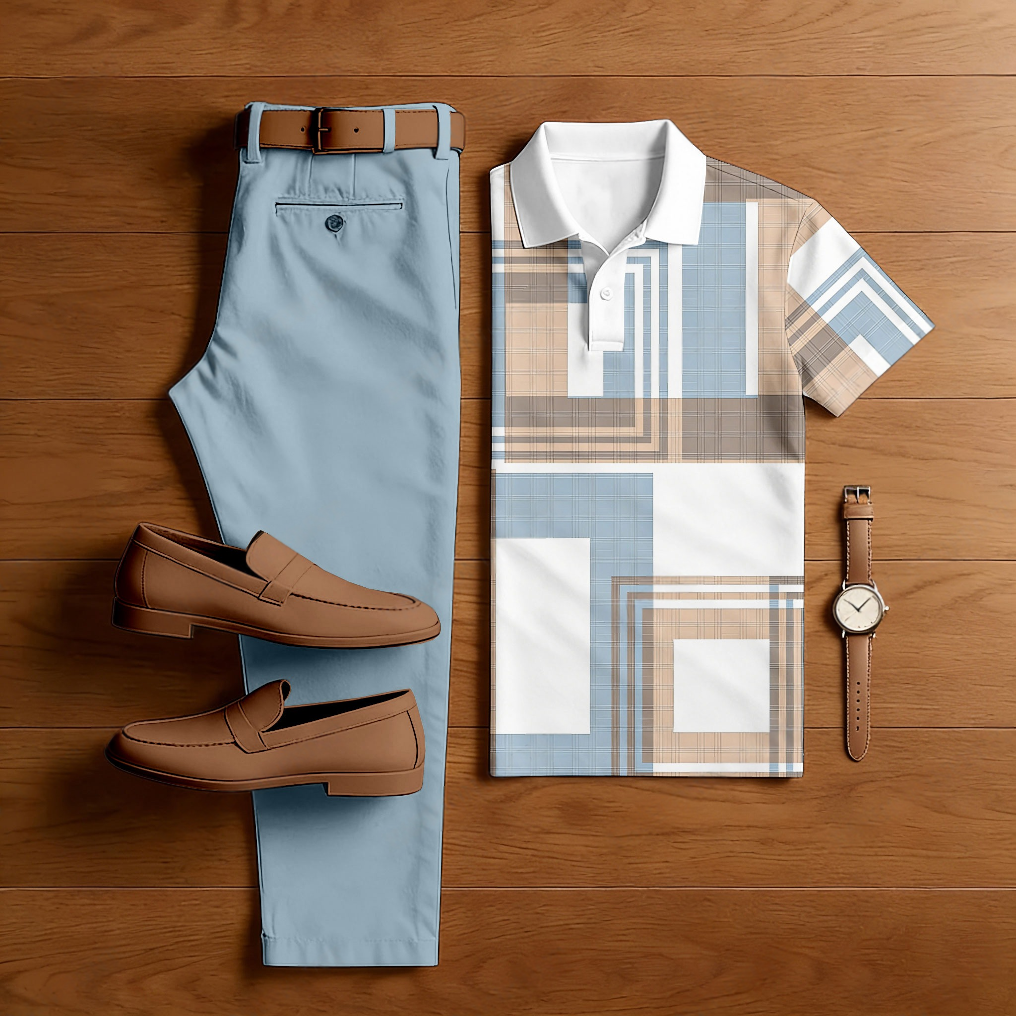 Men's Casual Light Blue & White Color Matching Geometric Printed Short Sleeved Polo Shirt & Trousers Two-Piece Set