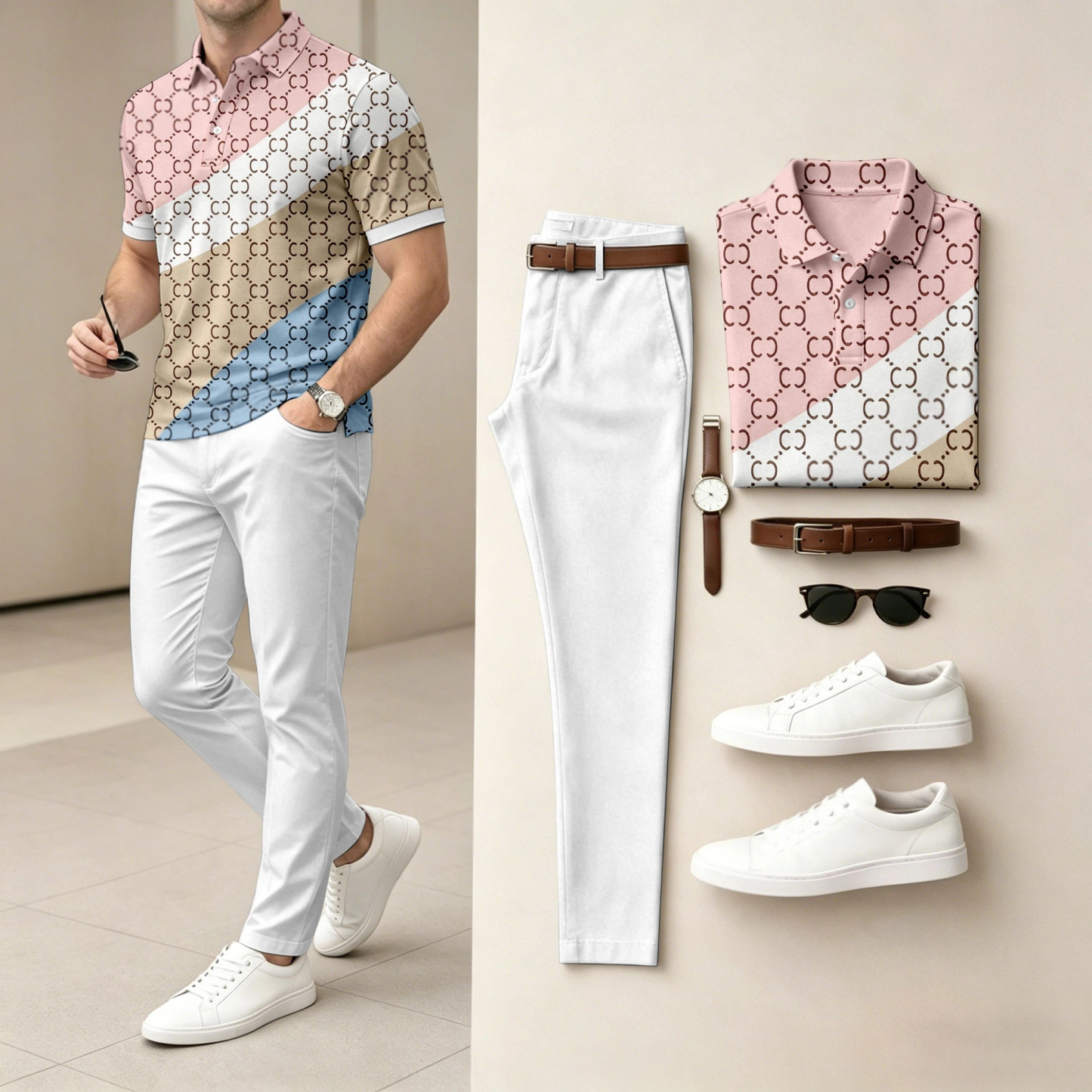 Men's Casual Striped Contrasting Printed Polo Shirt And Pants Two-Piece Set