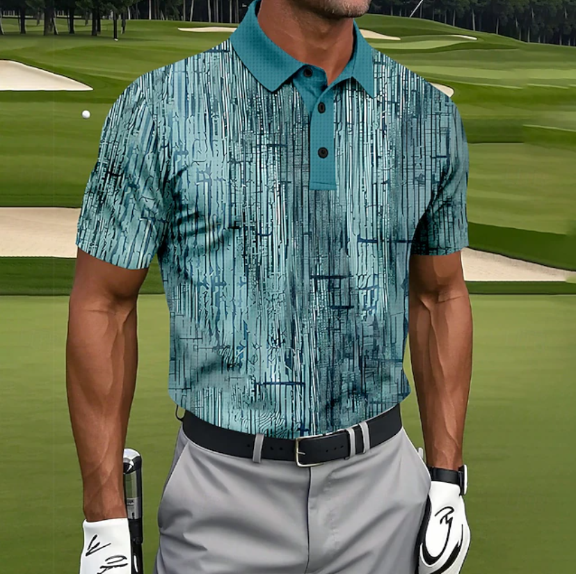 Men's Golf Gradient Stripes Waffle Short Sleeve Polo Shirts