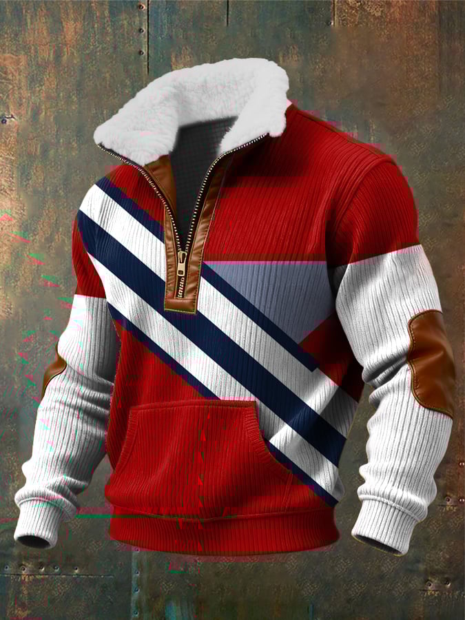Men's Retro Abstract Art Print Zippered Fur Collar Pocket Patchwork Long-Sleeved Sweatshirt