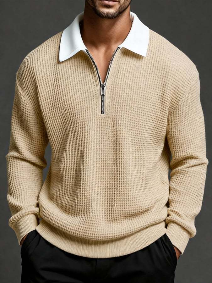 Men'S Vintage Waffle-Knit Casual Outdoor Long-Sleeved Polo Shirt