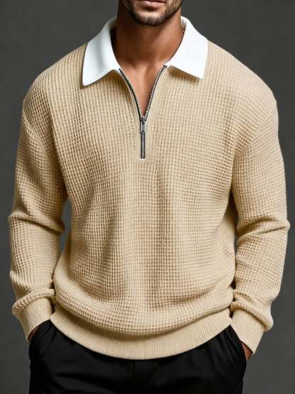 Men'S Vintage Waffle-Knit Casual Outdoor Long-Sleeved Polo Shirt