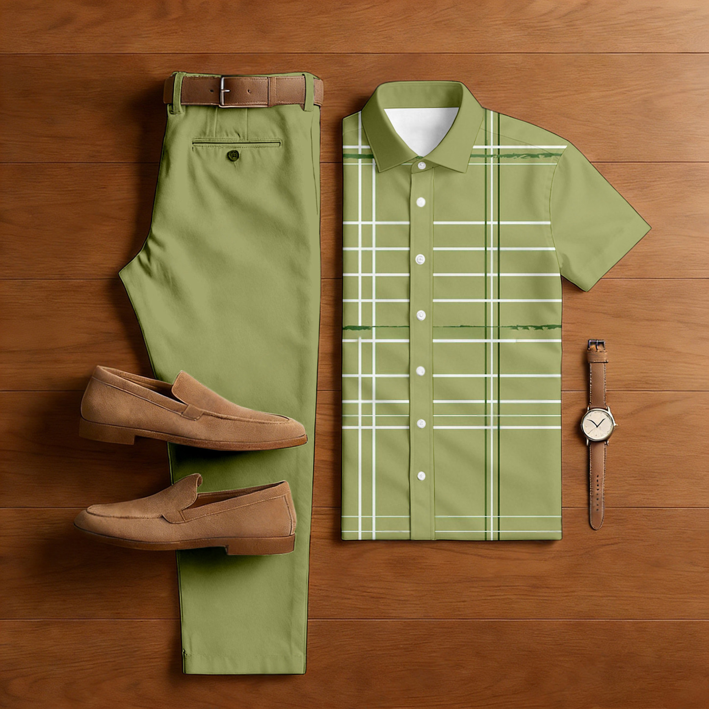 Men's Casual Green Color Matching Checkered Printed Short Sleeved Shirt & Trousers Two-Piece Set