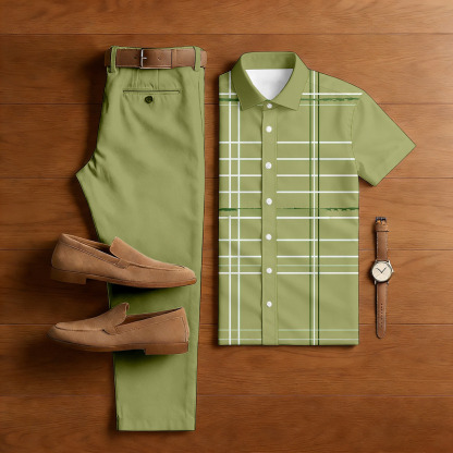 Men's Casual Green Color Matching Checkered Printed Short Sleeved Shirt & Trousers Two-Piece Set