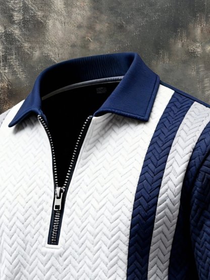 Men's Vintage Jacquard Textured Comfortable Color-Block Zip-Up Sweatshirt
