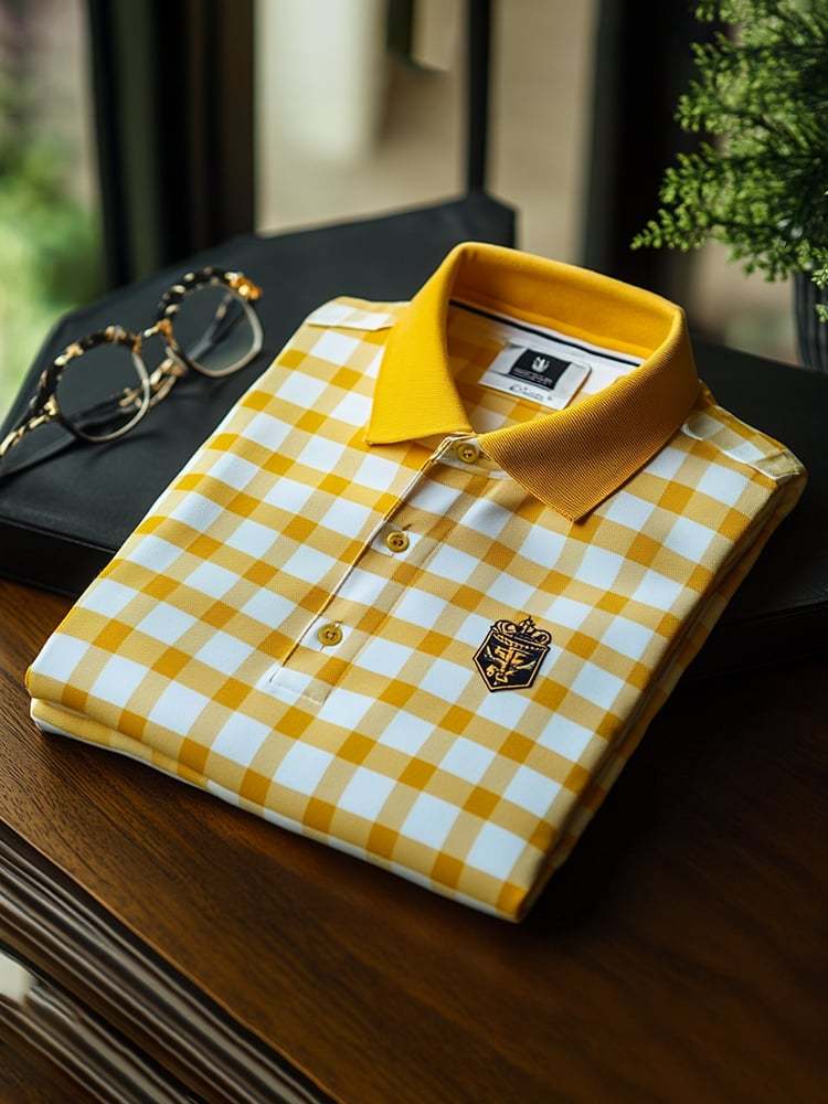 Men's Classic Business Check Logo Button Short Sleeve Polo Shirt