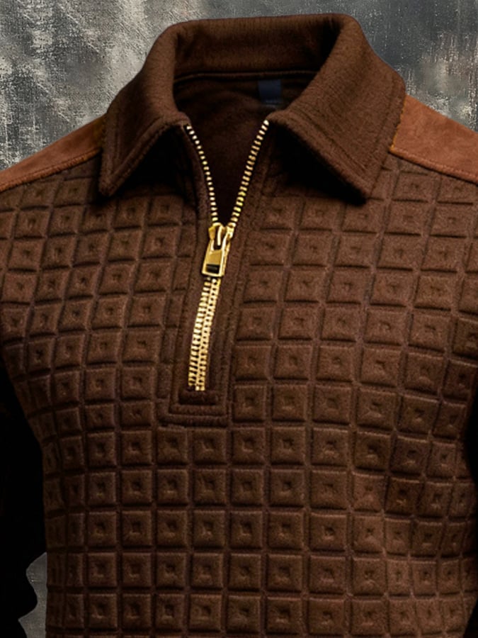 Men's Retro Jacquard Textured Patchwork Comfortable Color-Blocked Zip-Up Sweatshirt