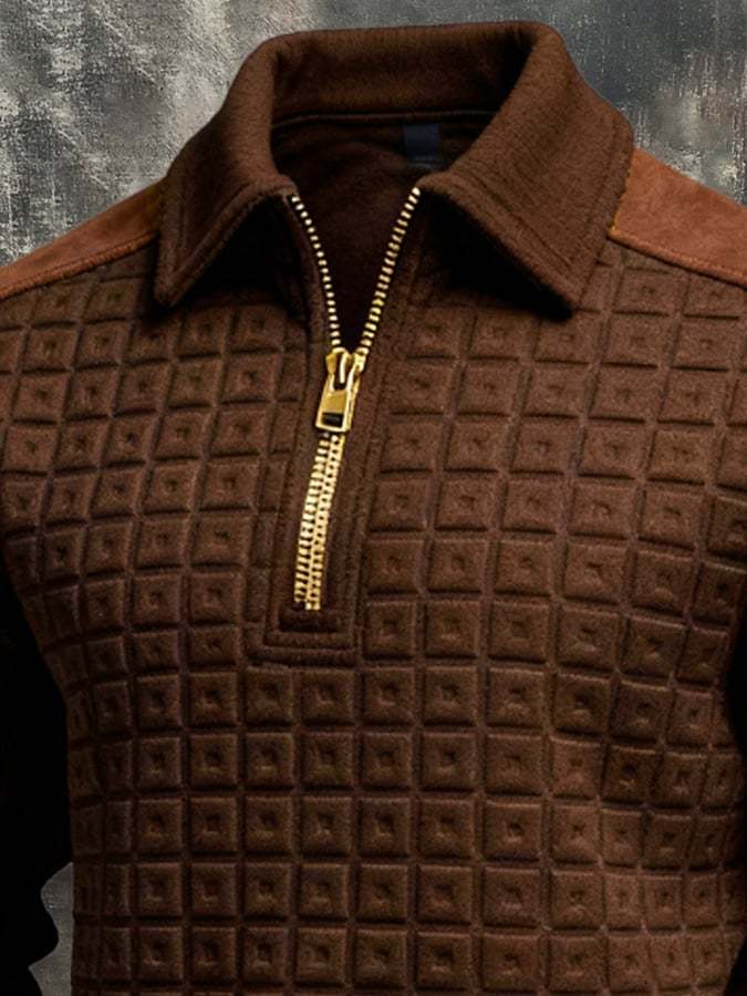 Men's Retro Jacquard Textured Patchwork Comfortable Color-Blocked Zip-Up Sweatshirt