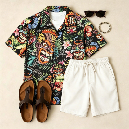 Men's Casual Short-Sleeved Shirt And Shorts Two-Piece Set (Excluding Bag, Belt, Sunglasses And Accessories)