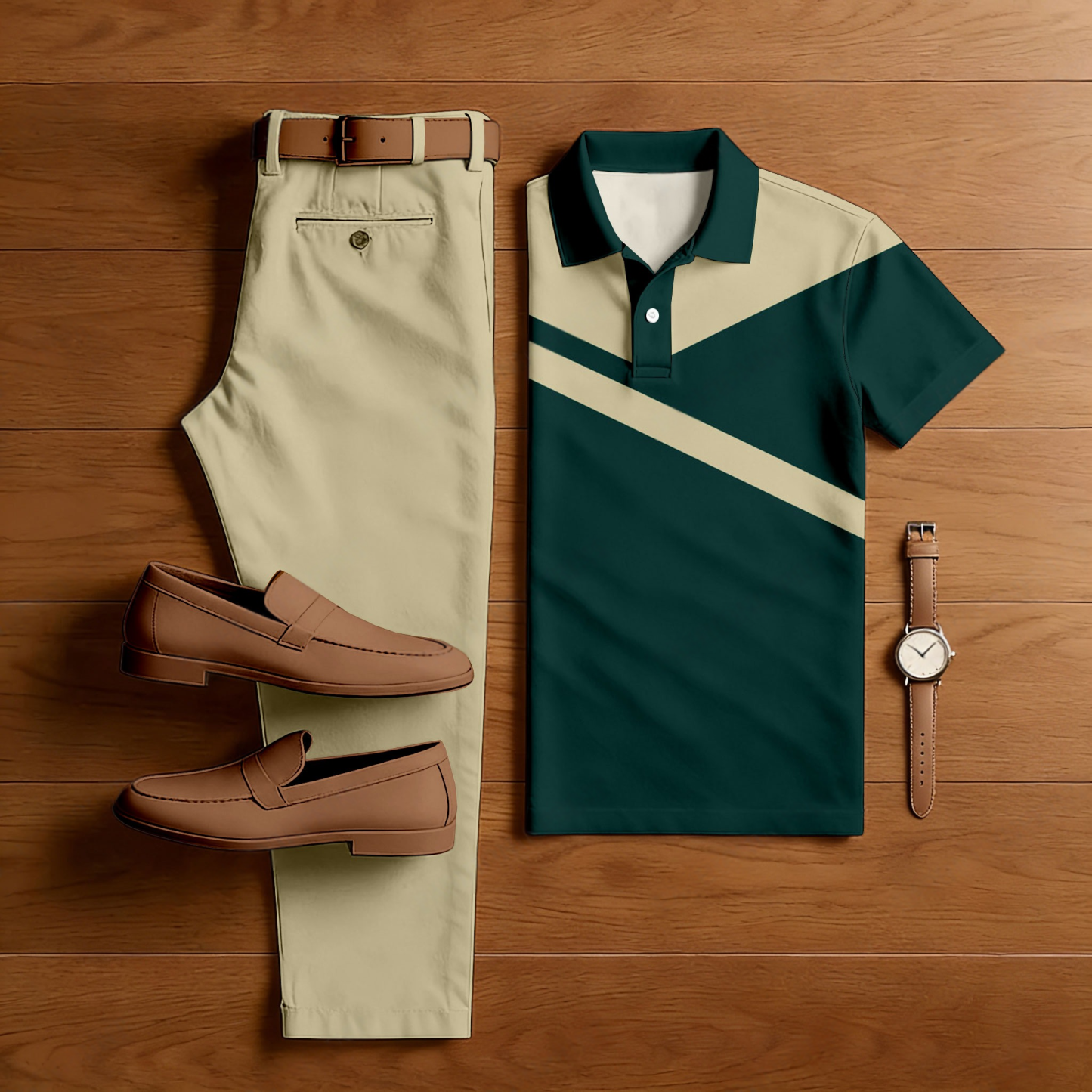 Men's Casual Green & Khaki Color Matching Geometric Printed Short Sleeved Polo Shirt & Trousers Two-Piece Set