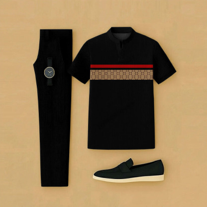 Men's Casual Black & Brown Color Matching Retro Style Checkered Printed Short Sleeved Henry Collar T-Shirt & Trousers Two-Piece Set