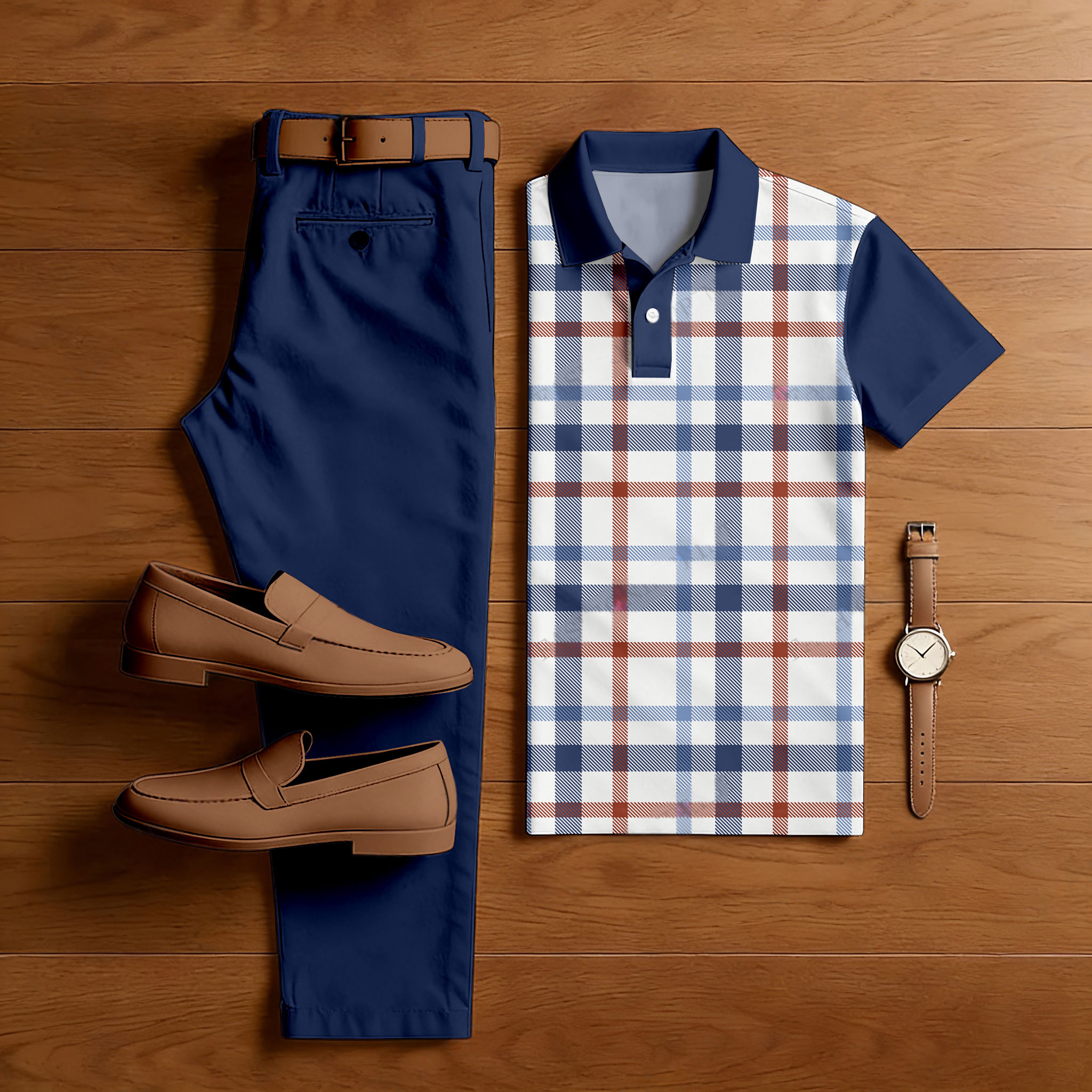Men's Casual Royal Blue & White Color Matching Checkered Printed Short Sleeved Polo Shirt & Trousers Two-Piece Set