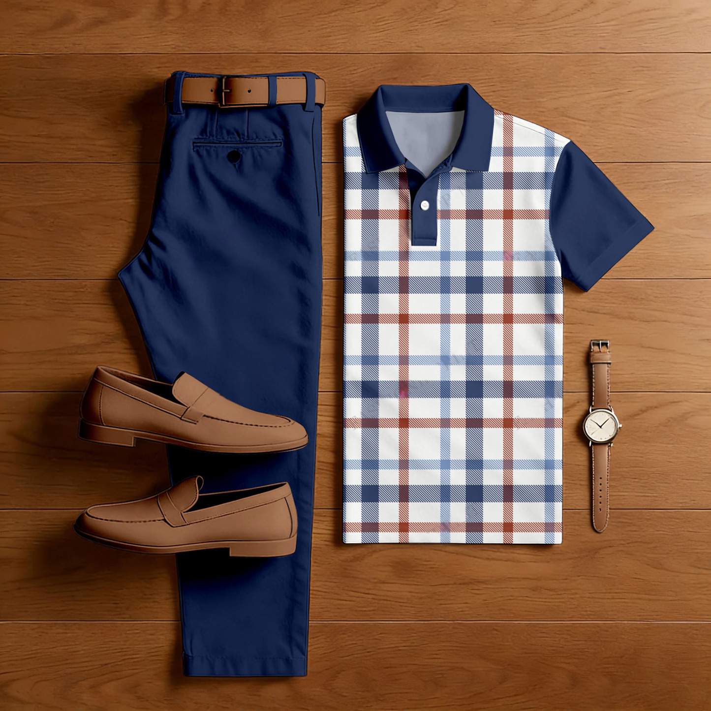 Men's Casual Royal Blue & White Color Matching Checkered Printed Short Sleeved Polo Shirt & Trousers Two-Piece Set