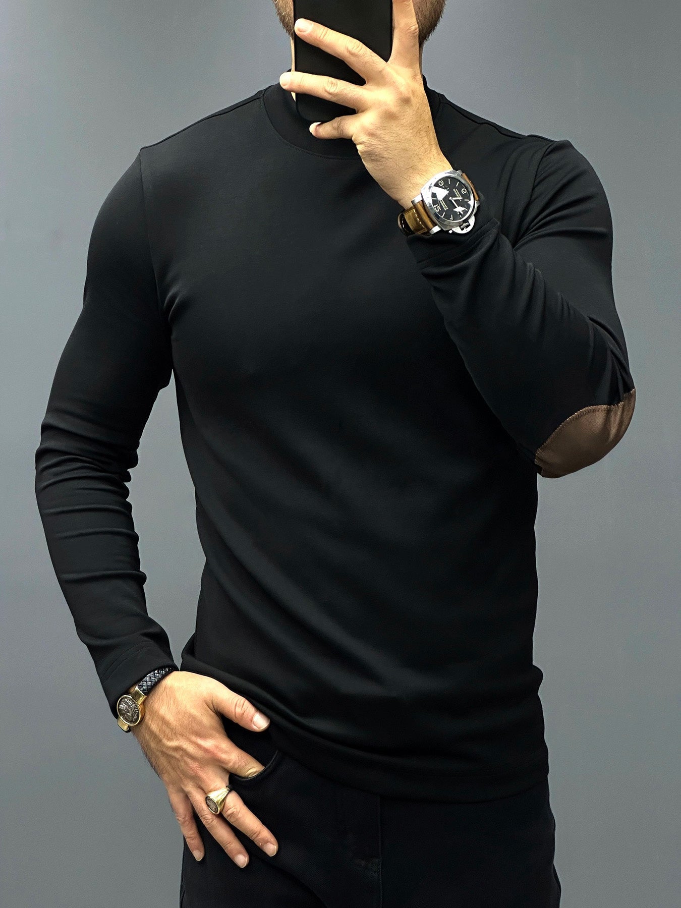 Modal Blend Elbow Patch Long Sleeve Tee:Slim Fit