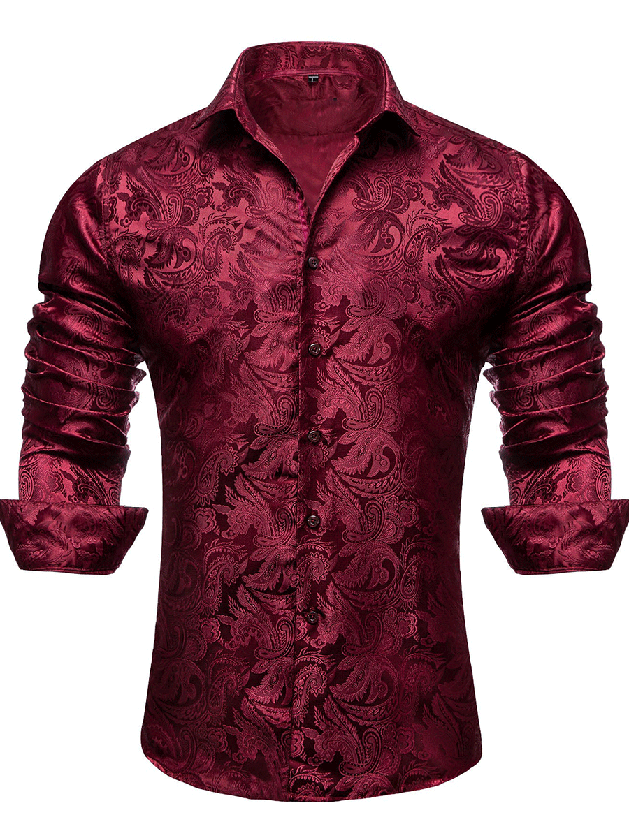 Men's Luxury Design Dark Red Paisley Long Sleeve  Shirt