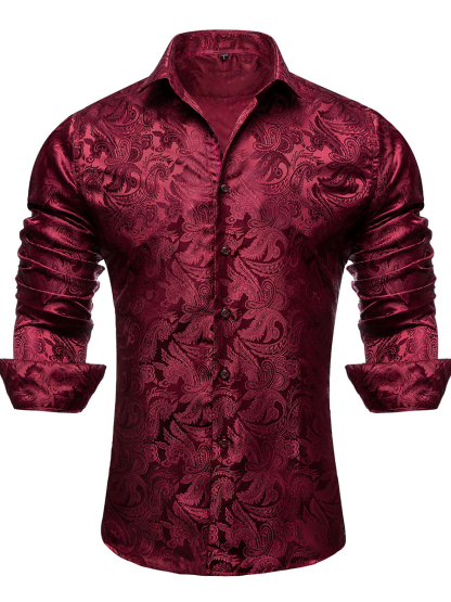 Men's Luxury Design Dark Red Paisley Long Sleeve  Shirt