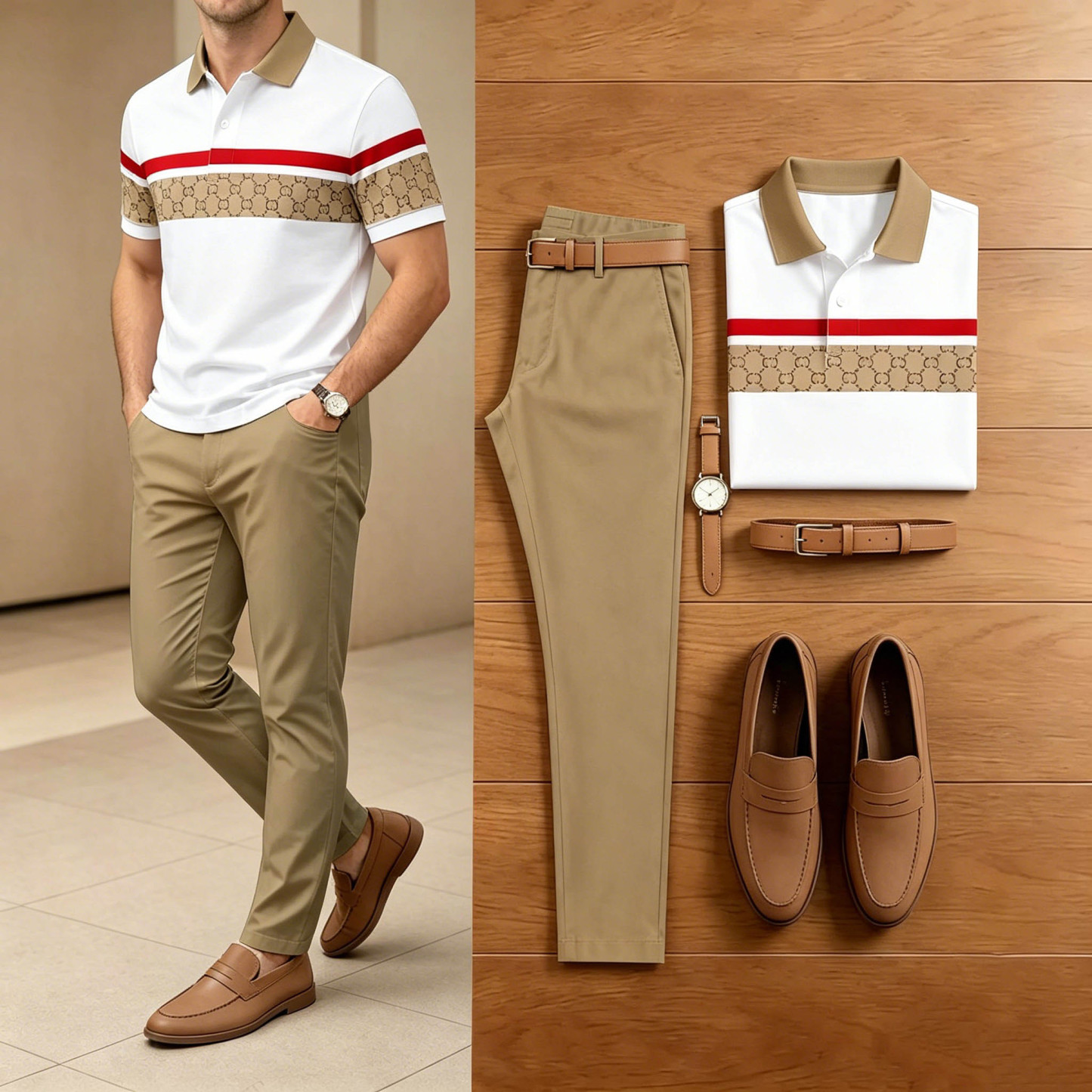 Men's Casual White & Khaki Color Matching Striped Short-Sleeve Polo Shirt & Trousers Two-Piece Set