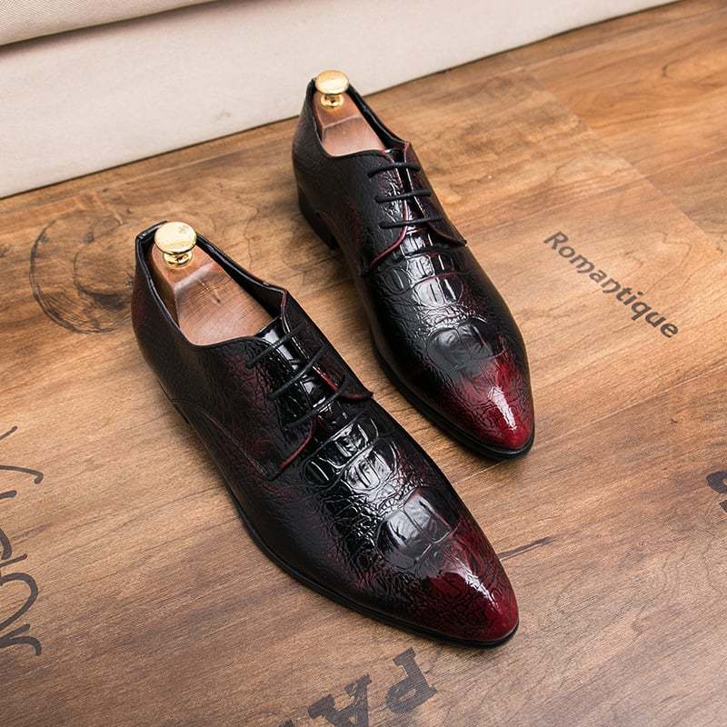 Men's Business Casual Pointed Toe Patchwork Plaid Exotic Skin Faux Lea