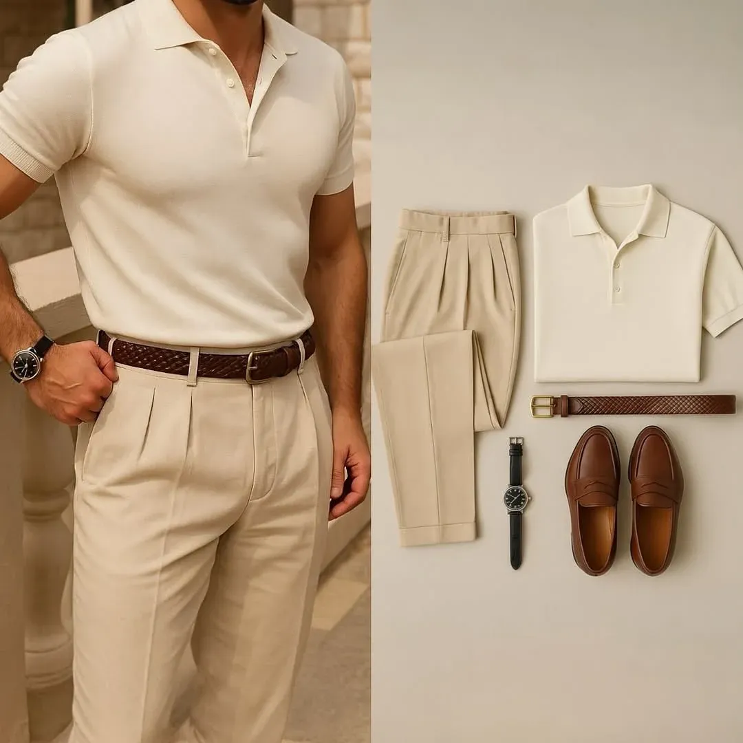 Men's Casual Solid Color Printed Polo Collar Short-Sleeve Pants Two-Piece Set