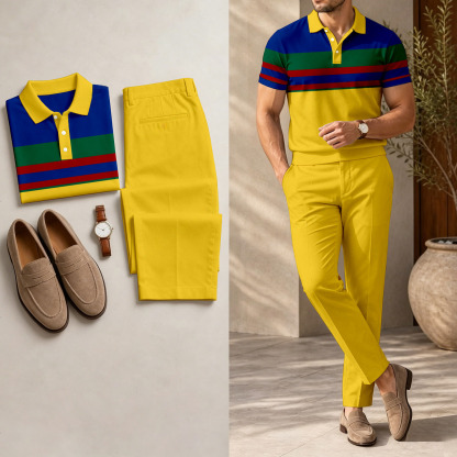 Men's Casual Yellow Printed Polo Shirt And Pants Two-Piece Set
