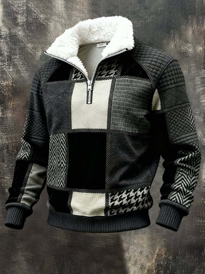 Men's Retro Textured Printed Sweatshirt with Fur Collar