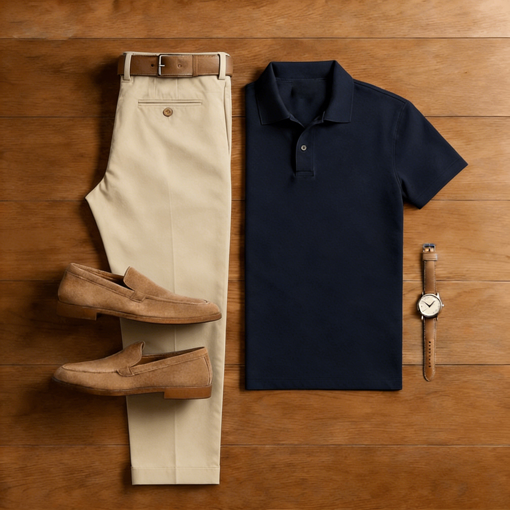 Men's Casual Navy Blue & Khaki Solid Color Matching Short Sleeved Polo Shirt & Trousers Two-Piece Set