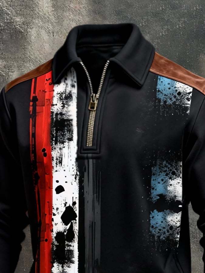 Men's Retro Color Block Print Color-Blocked Zip-Up Sweatshirt