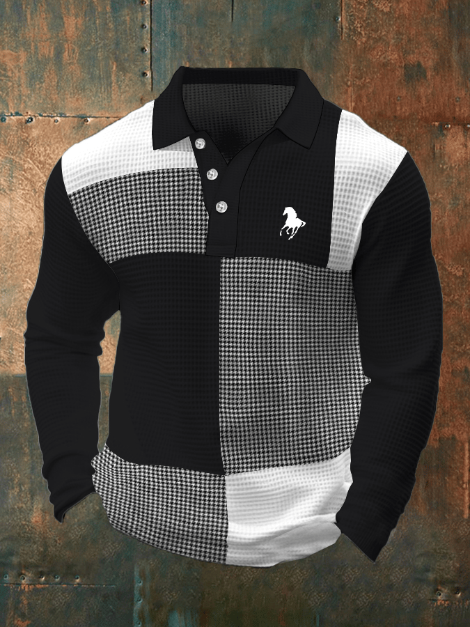 Men's Business Casual Waffle Fabric Long Sleeve Polo Shirt