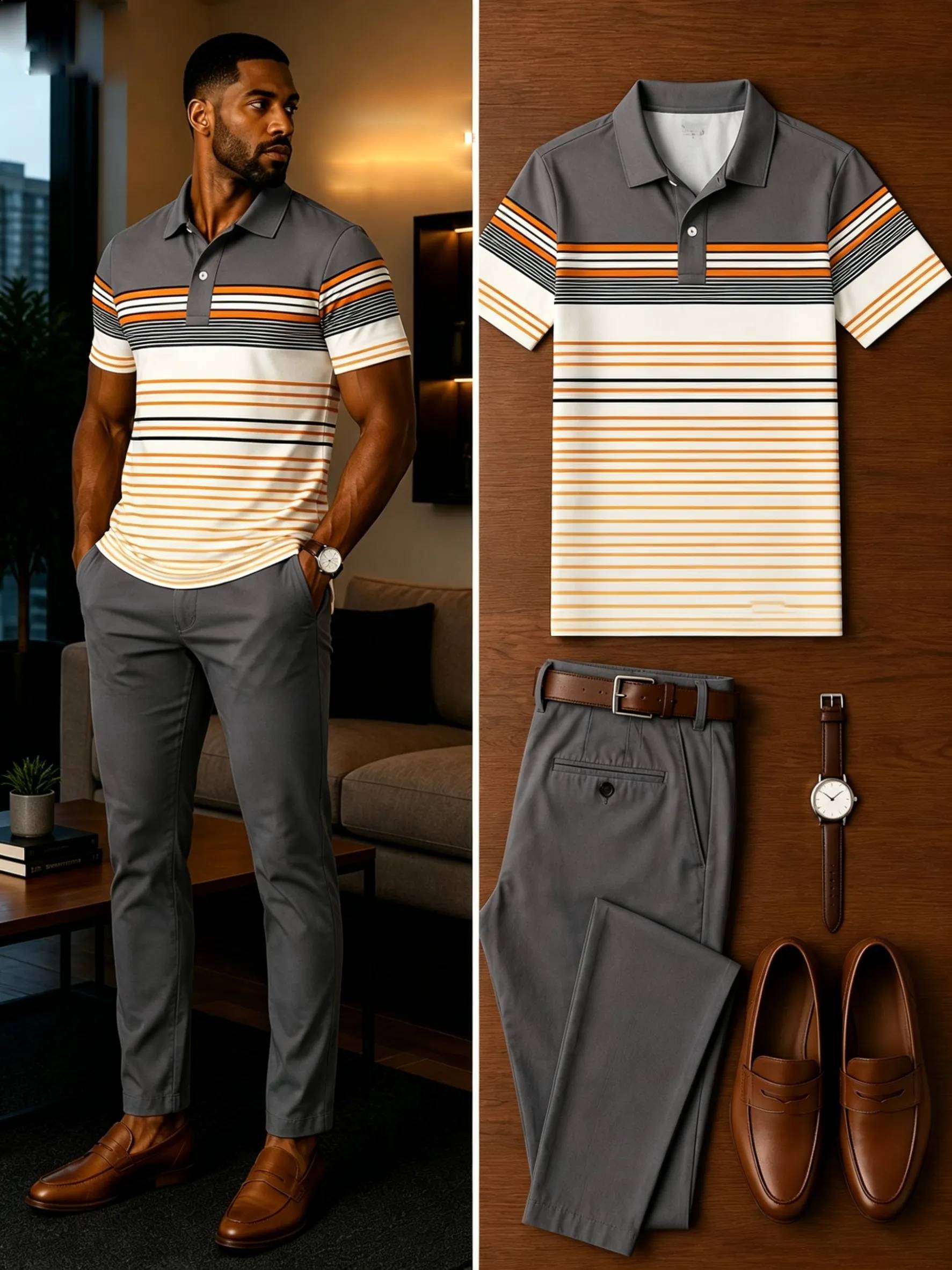Men's Casual Short Sleeve Polo Shirt And Pants Two-Piece Set