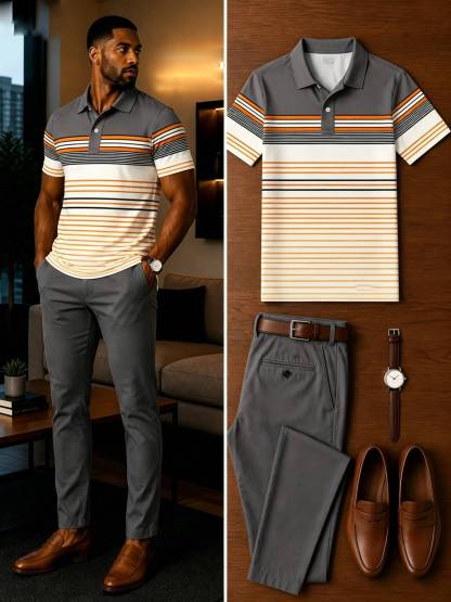 Men's Casual Short Sleeve Polo Shirt And Pants Two-Piece Set