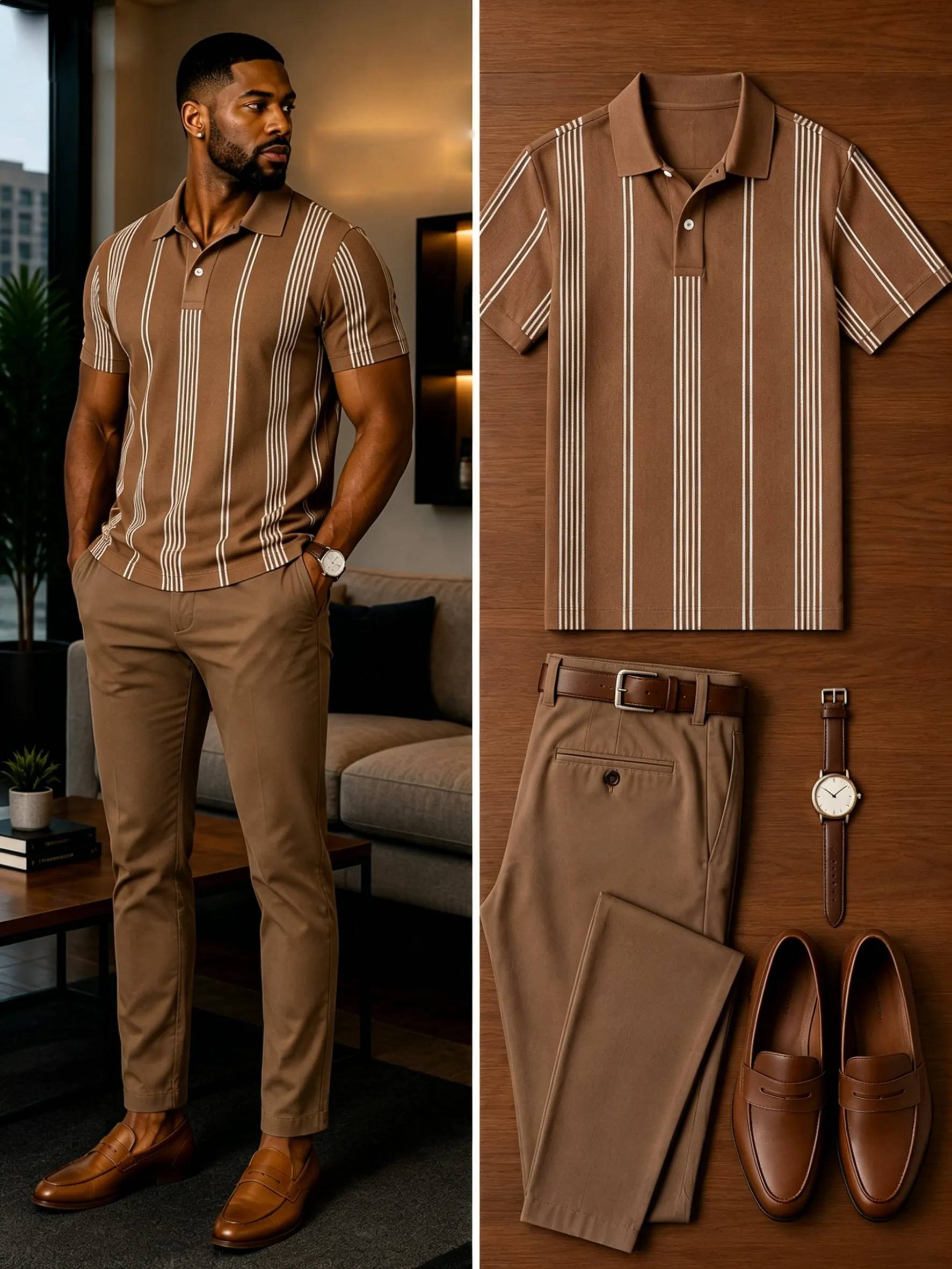 Men's Casual Short Sleeve Polo Shirt And Pants Two-Piece Set