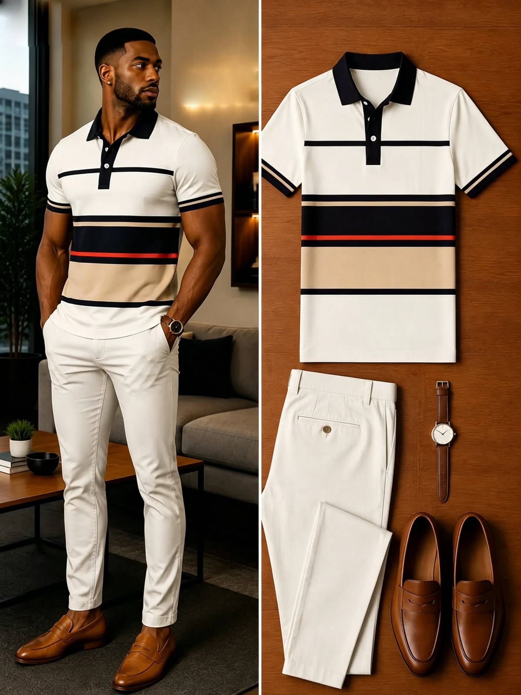 Men's Casual Short Sleeve Polo Shirt And Pants Two-Piece Set