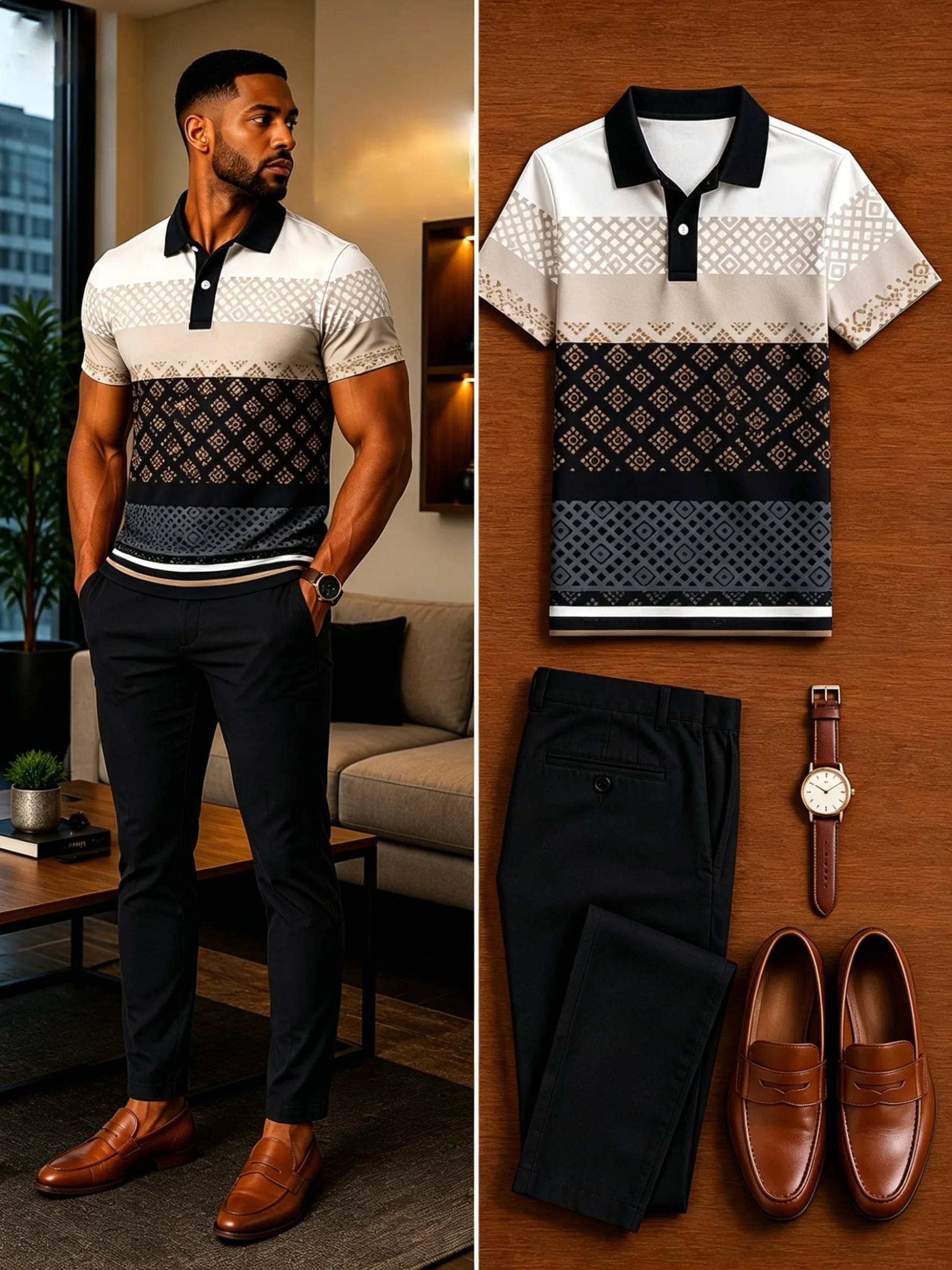 Men's Casual Short Sleeve Polo Shirt And Pants Two-Piece Set